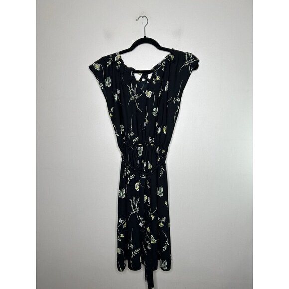 Lauren Conrad Dress Black Floral Short Sleeve & Back Neck Tie Size Medium - Picture 1 of 9